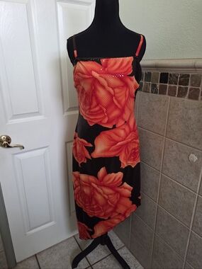 VTG. Cache Orange & Dark Brown Sequins  Spaghetti Strap Asymetrical Dress 12 Y2K